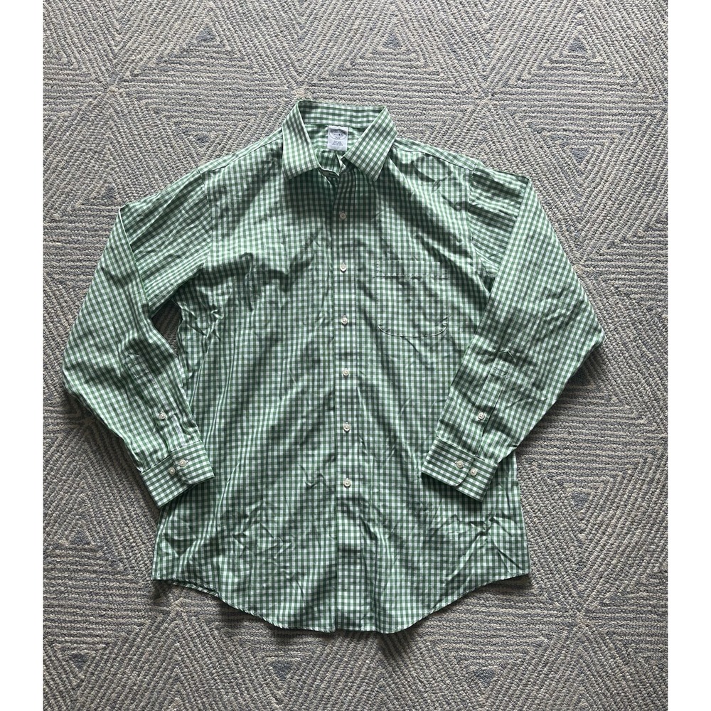 Brooks Brothers Long Sleeve Cotton Button Slim Fit - Green/White- 16 1/2-4/5